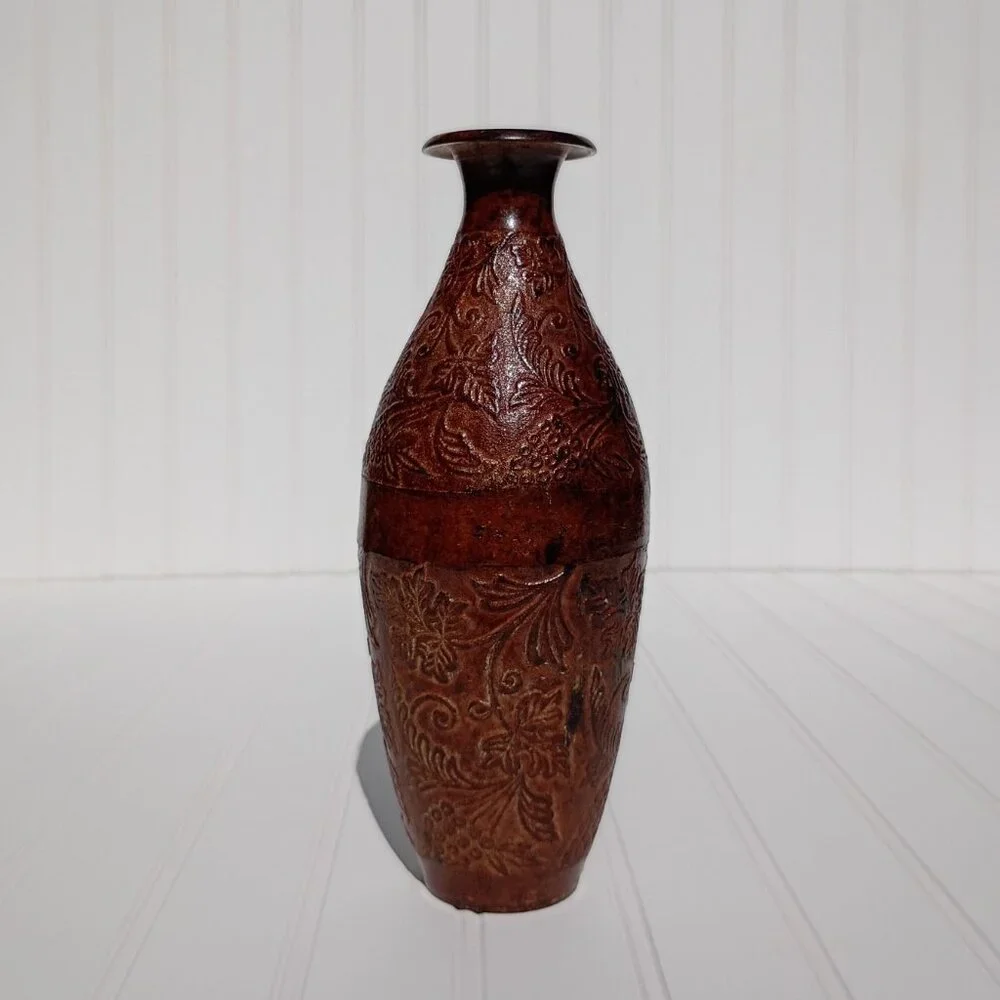 Vtg Cast Bronze Vase Grape & Vine Embossed Bottle Mid-Century Verdigris 9.75